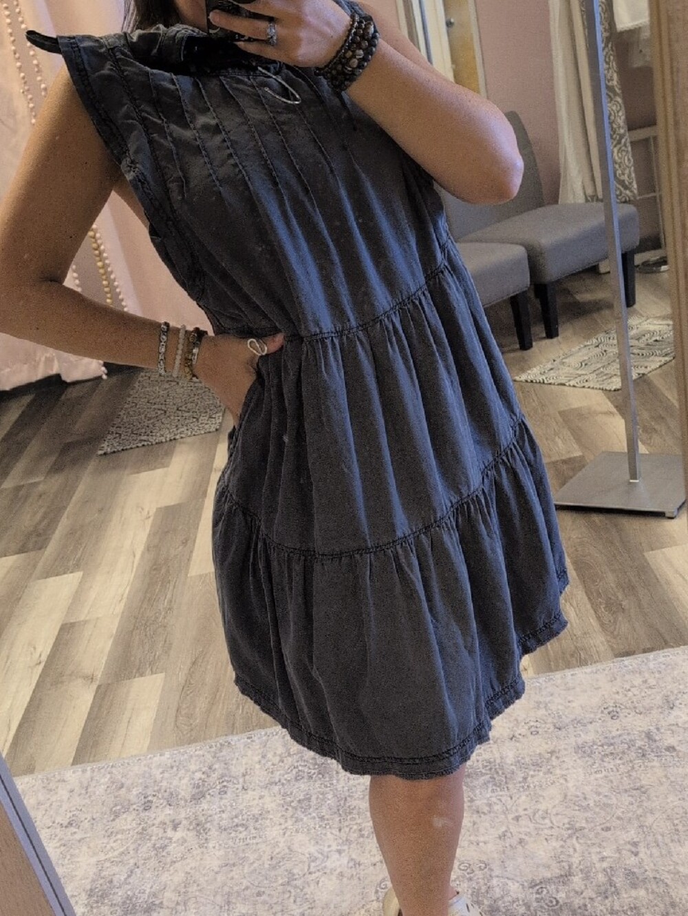 Anthropologie Sleeveless Tiered Mini Dress in Charcoal - Picture 8 of 9